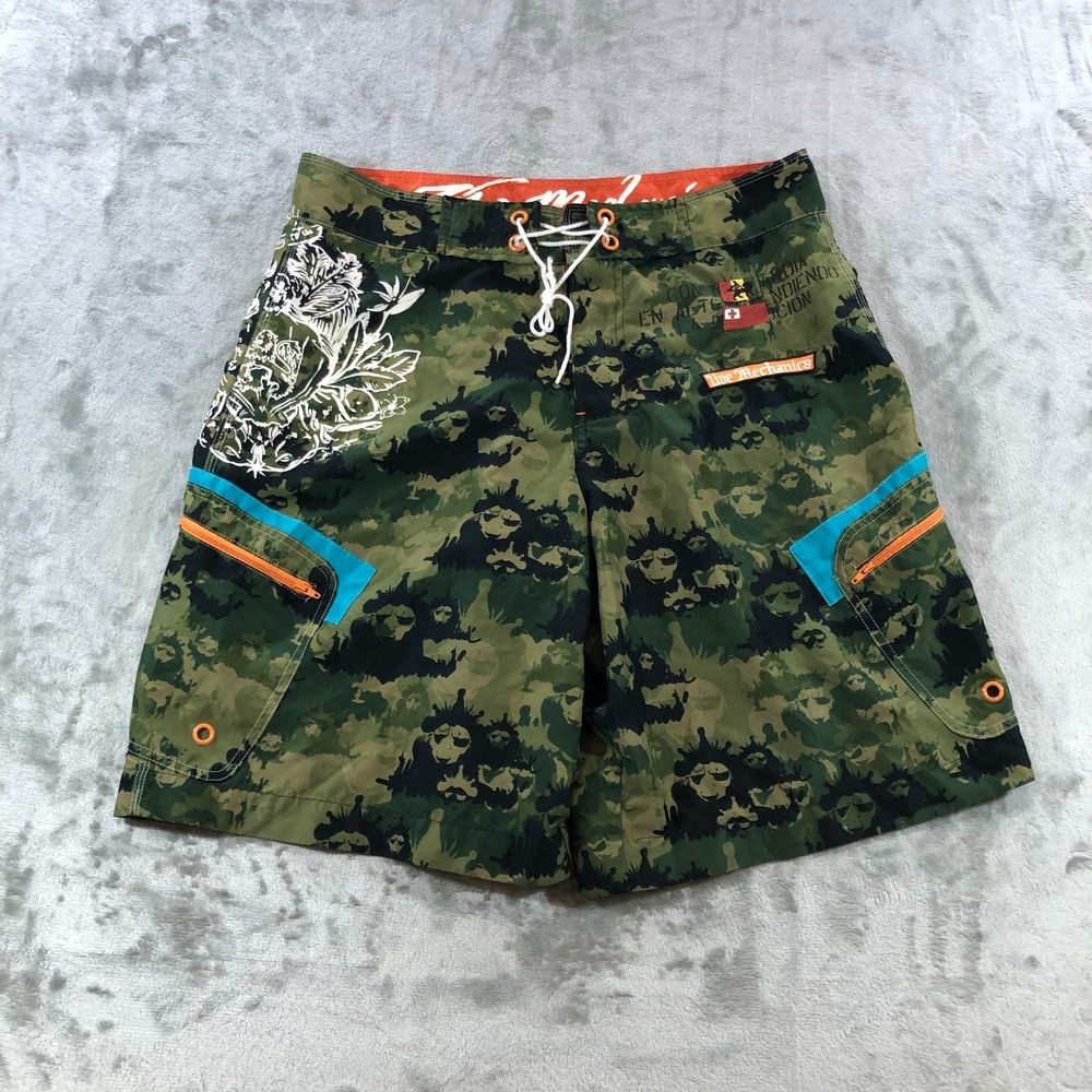 live mechanics swim shorts mens 32 green camo lion print